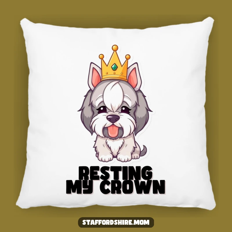 Funny Royal Staffordshire Pillow - Crowned Pooch Bowing, Regal Comfort!
