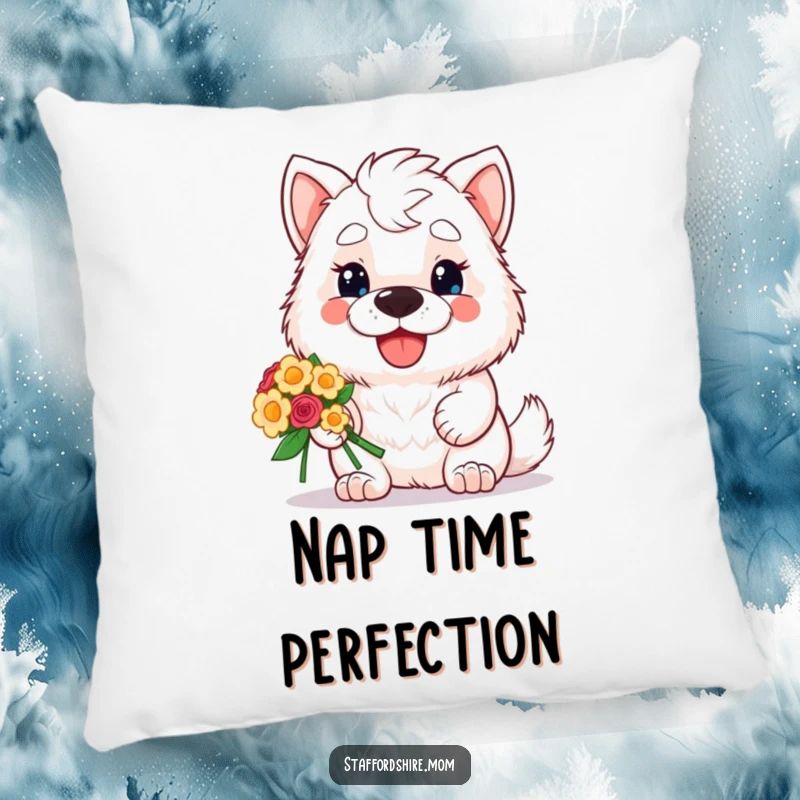 Funny pillow featuring a kawaii Staffordshire dog grinning sweetly while offering a colorful bouquet of flowers, adding comfort and charm to any room.