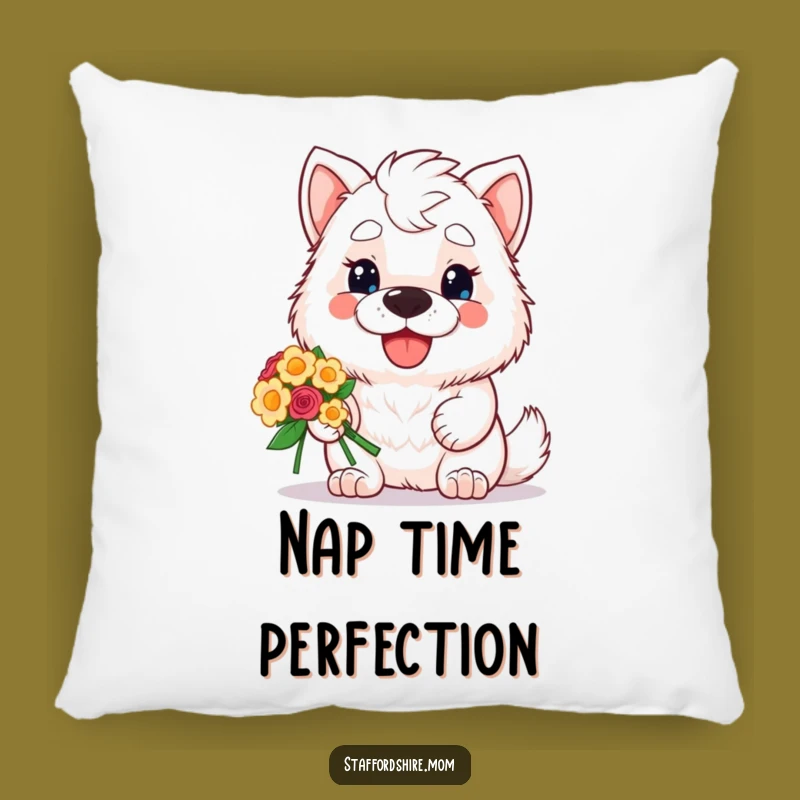 Funny Staffordshire Pillow: Kawaii Dog with Bouquet, Cozy Decor Gift
