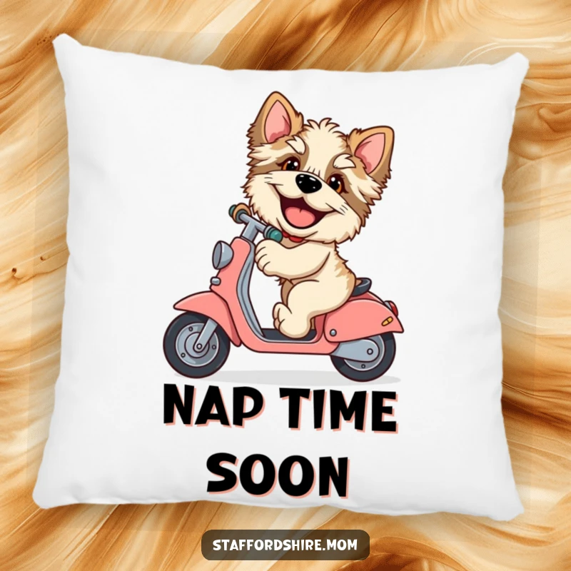 Funny Staffordshire pillow, giggling dog, riding scooter, large paws, humorous cushion, cozy decor, delightful funny gift.