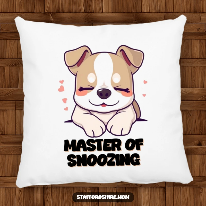 Funny sleepy Staffordshire dog pillow, smiling with closed eyes, soft and peaceful decorative cushion.