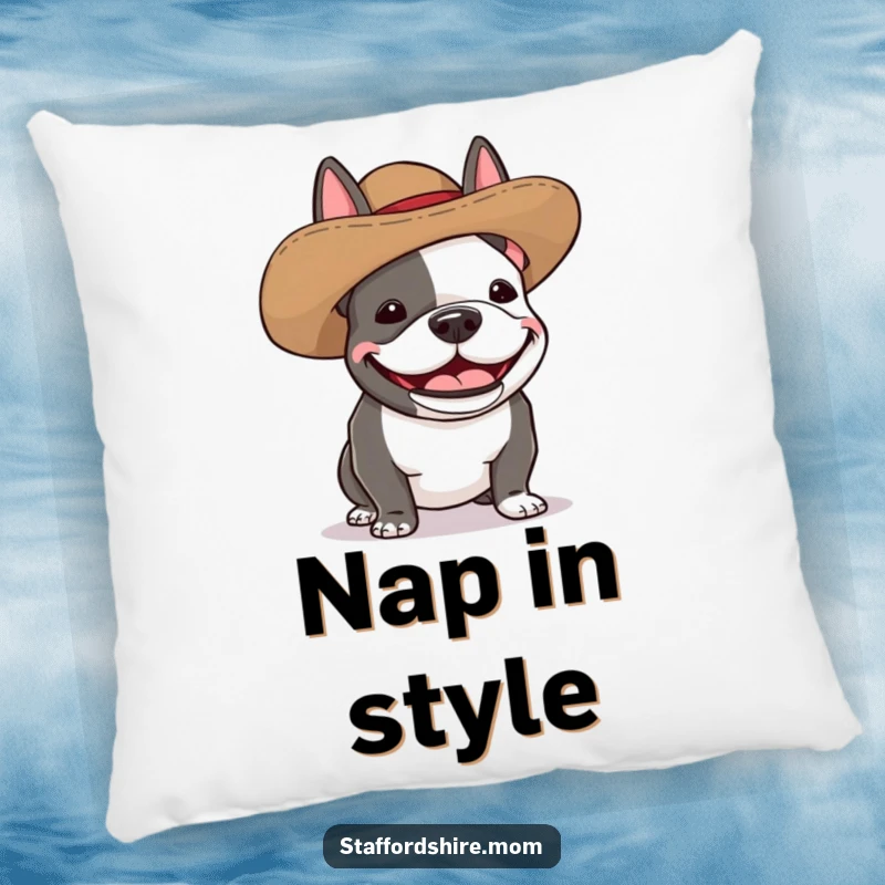 Funny Staffordshire bull terrier pillow featuring a dog wearing a silly, oversized hat and giggling with pure, happy amusement.