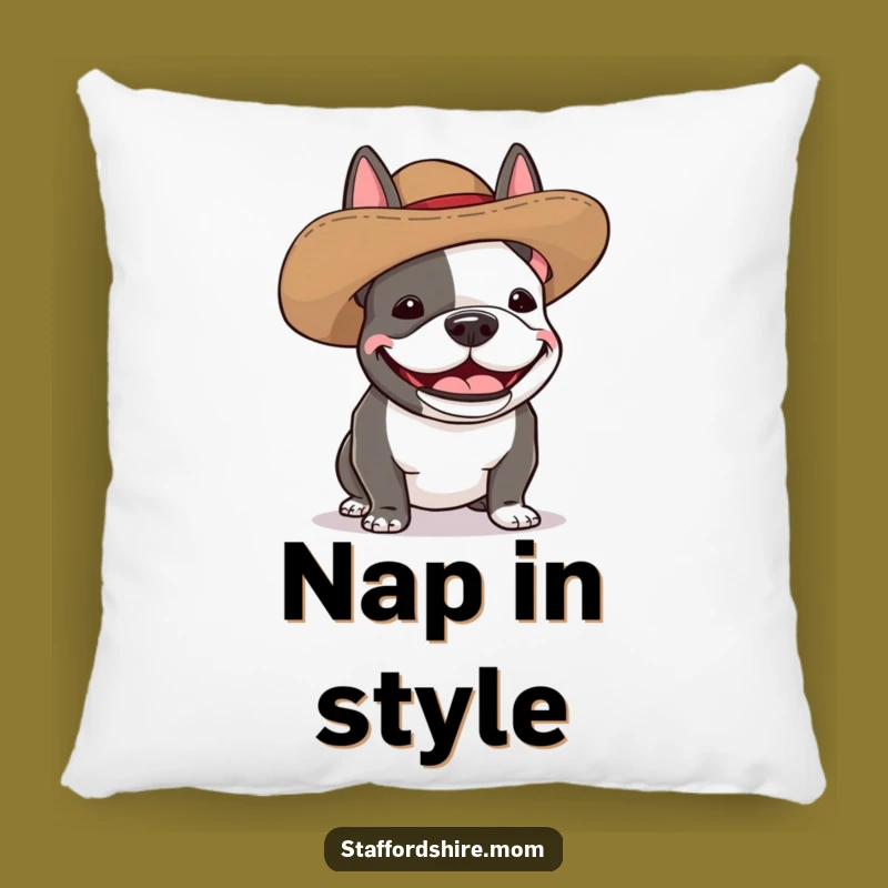 Funny Staffy Silly Hat Pillow - Cozy & Comical Dog Cushion