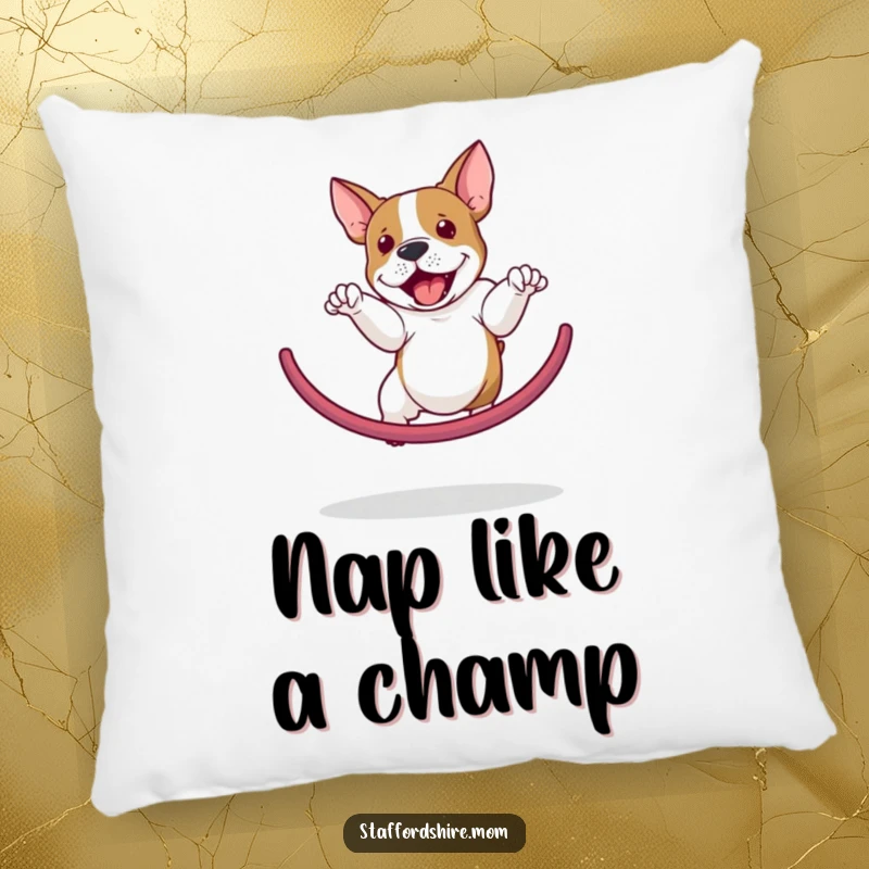 Funny Staffordshire Bull Terrier pillow showcasing an agile dog jumping through a hoop, providing a soft and humorous decorative touch.