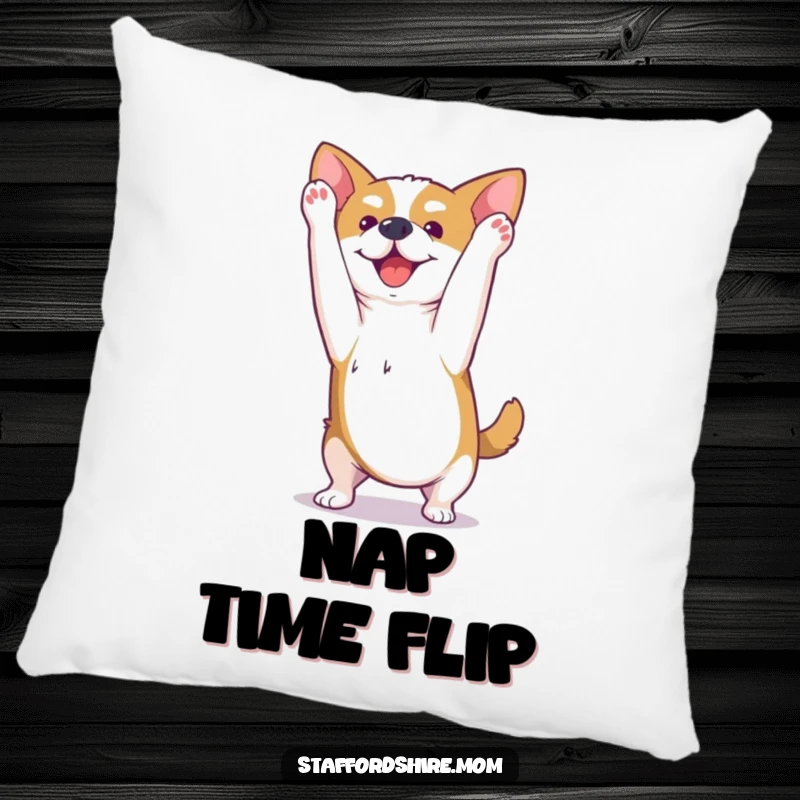 Funny Kawaii Staffordshire dog pillow featuring a happy pup performing a playful somersault, perfect for comfort and adding a touch of fun.