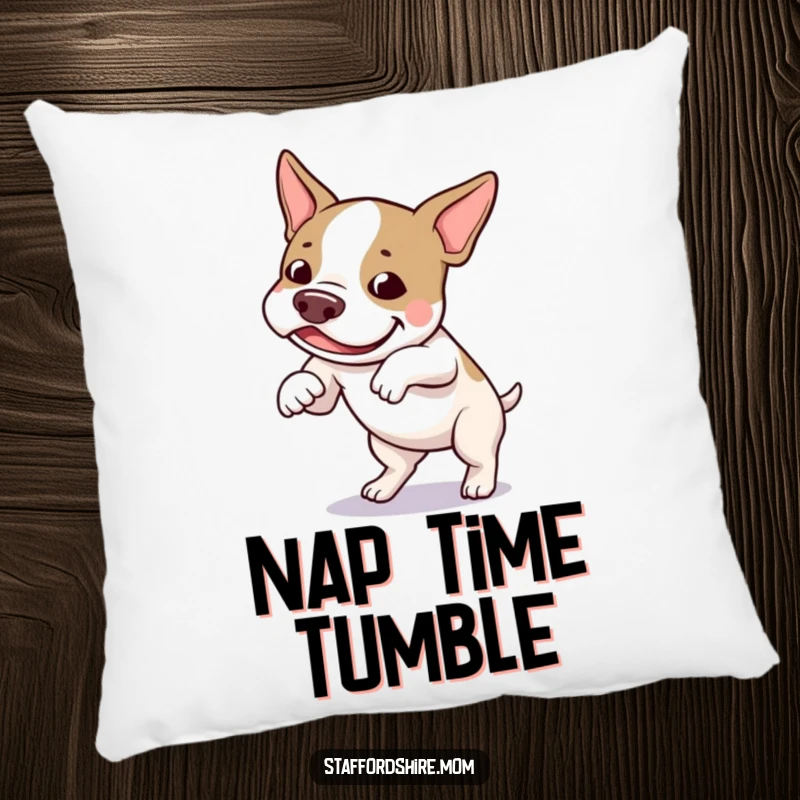 Funny Staffordshire bull terrier pillow featuring a dog hilariously tripping over its feet with a thoroughly amused and happy look.