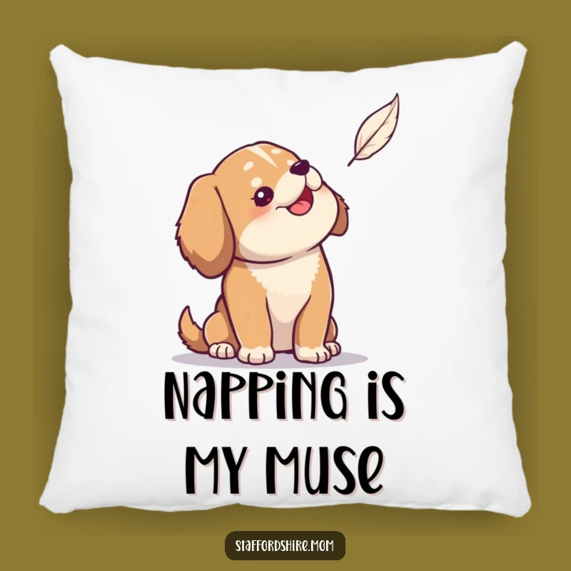 Funny Dog Pillow: Solid build dog amused by feather, cozy and humorous decor, gift.