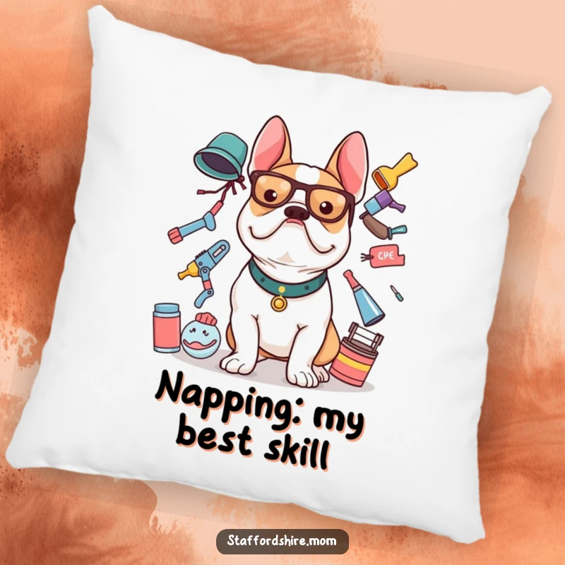 Funny Staffy pillow featuring a happy Staffordshire Bull Terrier balancing various items, adding charm.