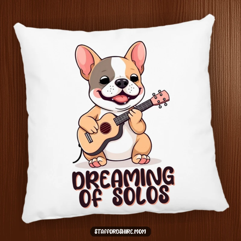 Funny Staffordshire Bull Terrier pillow featuring a plush dog playing a tiny instrument, offering comfort and a smile.