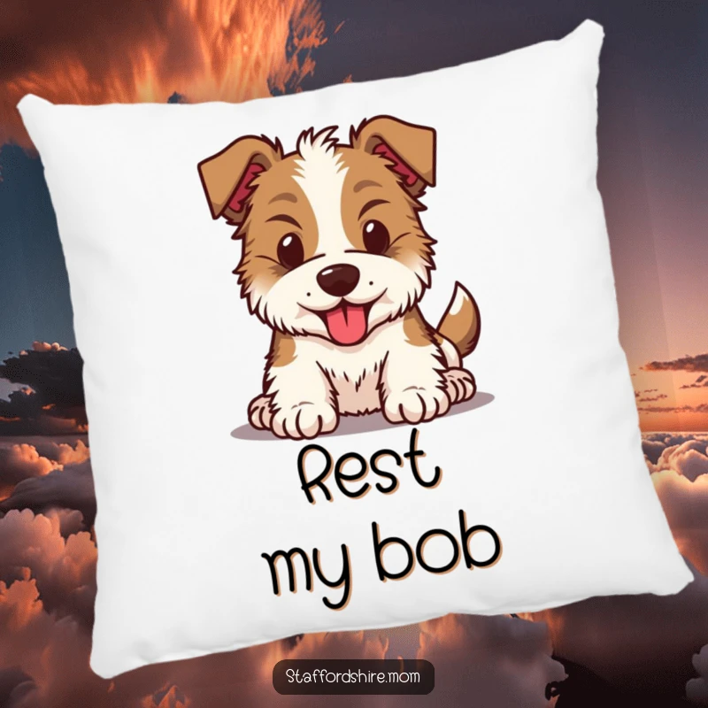 Funny Kawaii Staffordshire dog pillow featuring an energetic pup with a dynamically bouncing head, perfect for comfort and cheer.