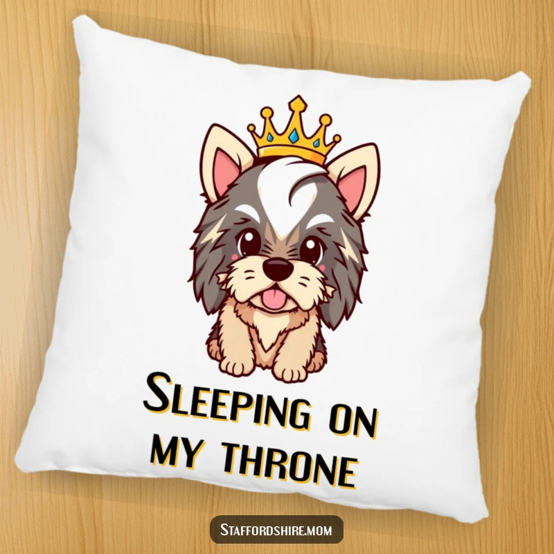 Funny Staffy royal pillow with a proud dog wearing a crown, offering comfort and a message of pride.