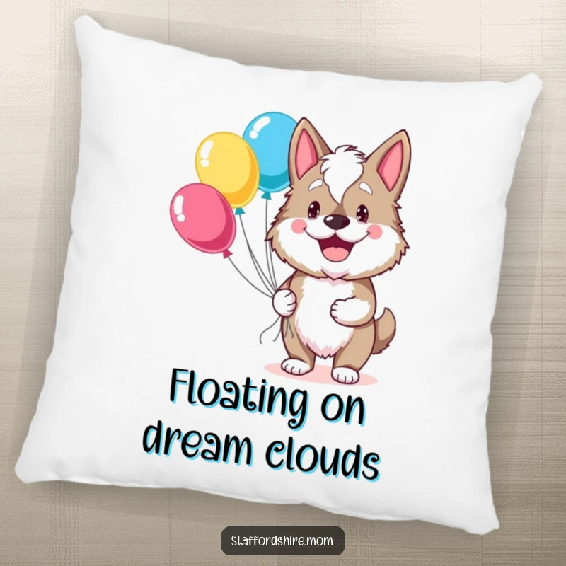 Funny Staffordshire pillow featuring a smiling dog holding balloons, perfect for adding a touch of soft, happy decor.