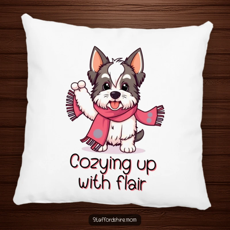 Funny Staffordshire pillow featuring a dog enthusiastically waving a colorful scarf, perfect for adding energetic comfort.