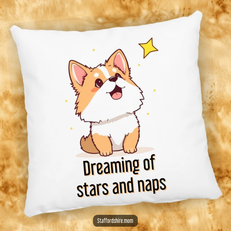 Funny Staffordshire pillow featuring a dog looking up at a shooting star, adding a touch of cozy magic and wonder.