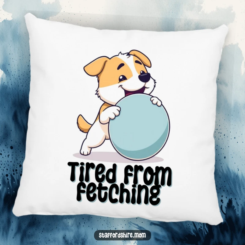 Funny Dog Pillow: A sturdy dog with a strong build joyfully fetching a large toy, adding comfort and fun.