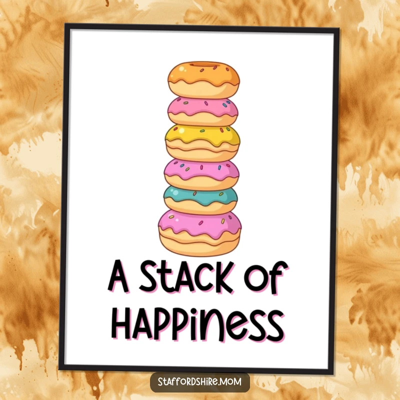 Funny Staffordshire digital art print, a dog balances colorful donuts, conveying sweet indulgence and playful charm.