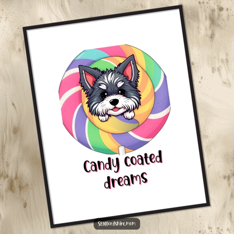 Funny Staffordshire Lollipop Digital Art: A digital illustration of a character peeking from behind a giant, colorful lollipop, full of charm.