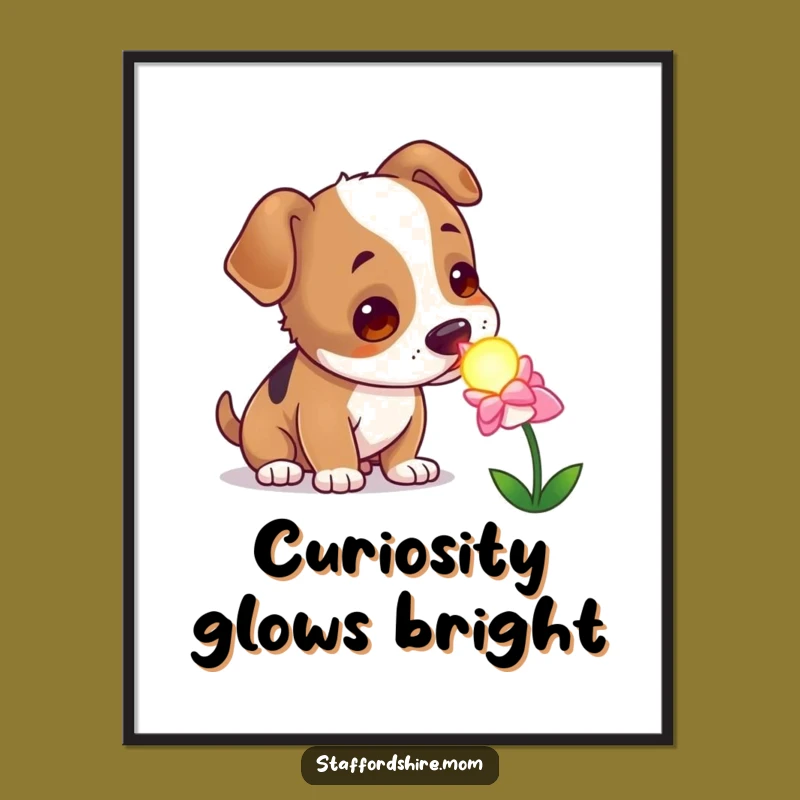 Funny Curious Staffy Digital Art, Enchanted Dog Flower Print, Instant Download Gift