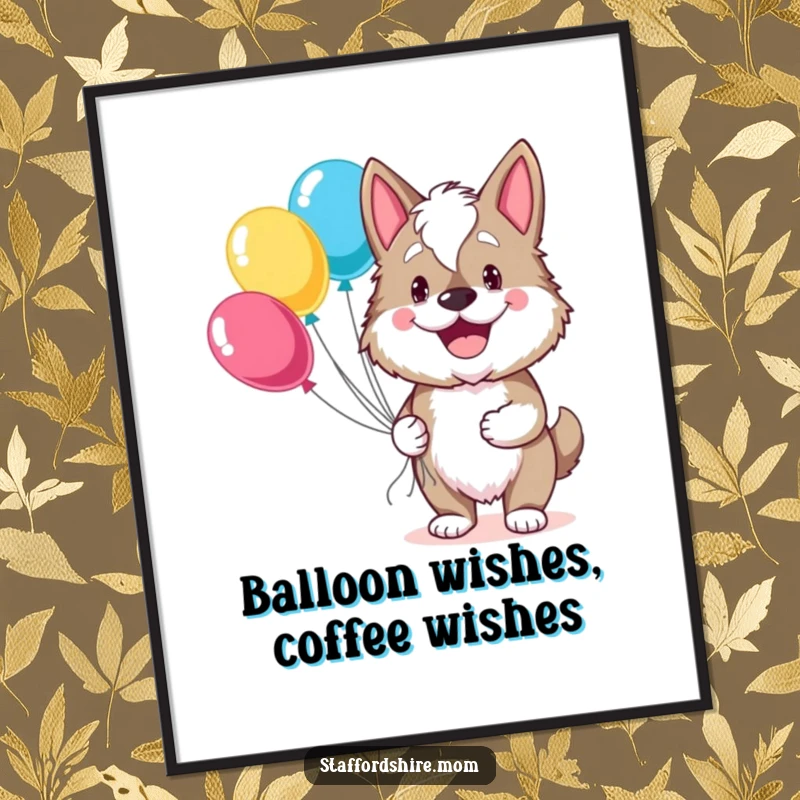 Digital art print of a funny Staffordshire with a broad grin holding a bouquet of balloons, radiating pure happiness.