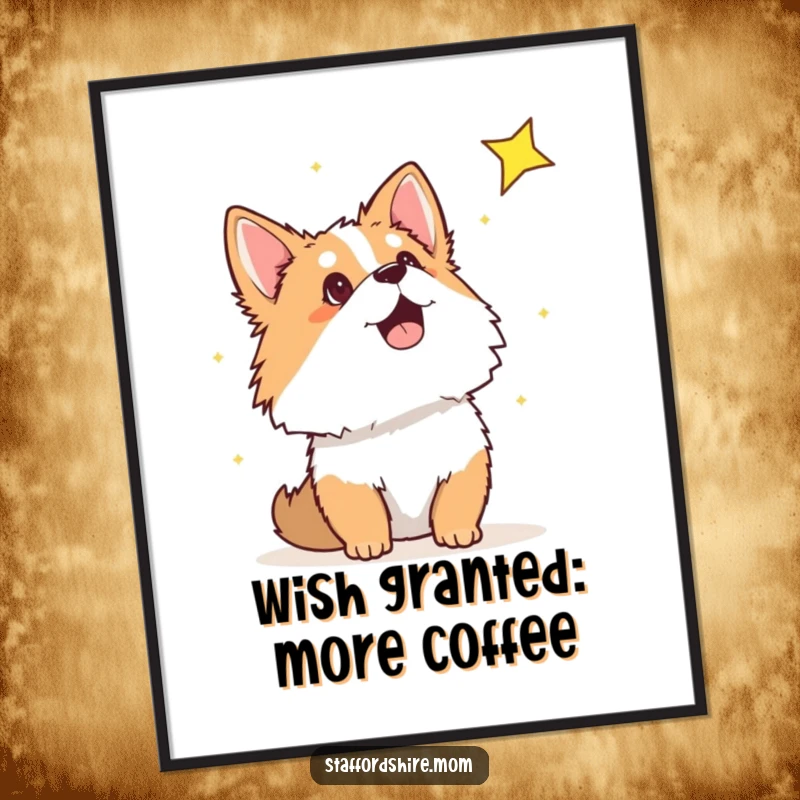 Digital art print of a funny Staffordshire looking up in wonder at a shooting star, a magical and inspiring scene.