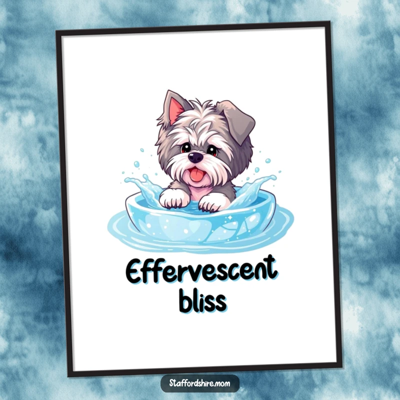 Funny Staffordshire digital art print, a dog playfully splashes in a sparkly pool, conveying effervescent joy and carefree fun.