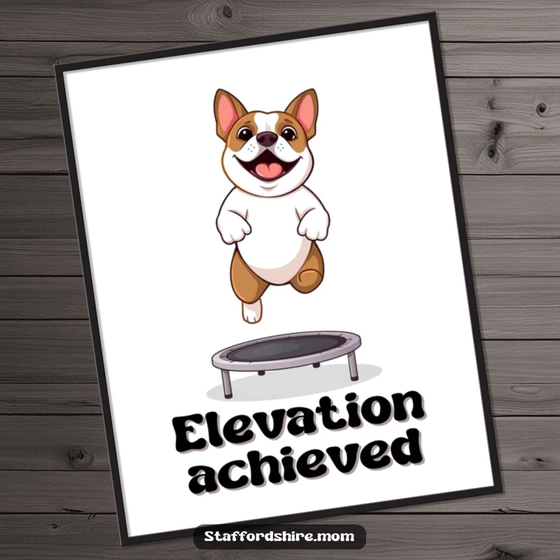 Funny Staffy digital art print showing a Staffordshire Bull Terrier having a blast bouncing on a trampoline.