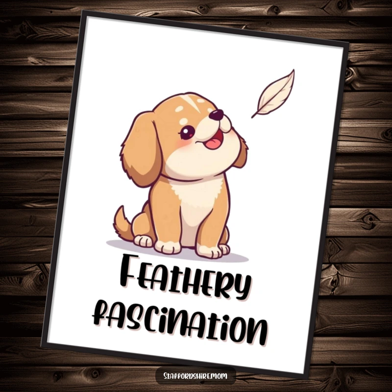 Funny digital art print of a solid build dog looking up with wide-eyed amusement at a delicate floating feather.