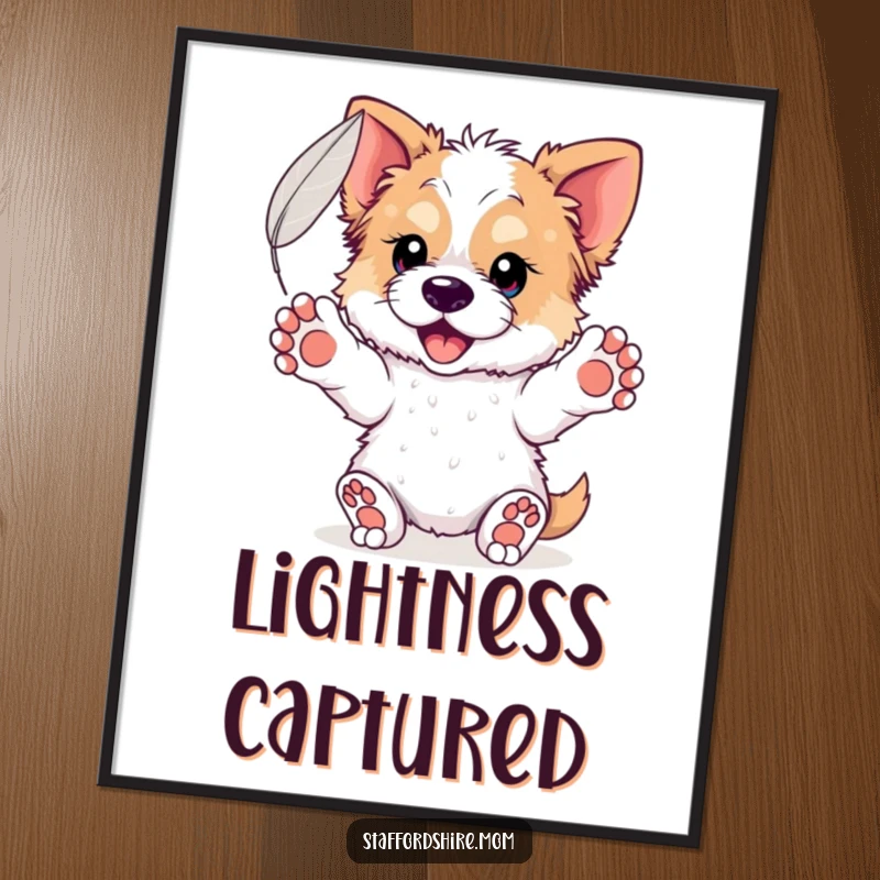 Funny Staffordshire Feather Digital Art: A digital illustration of a dog with paws outstretched gently catching a floating feather, full of peace.