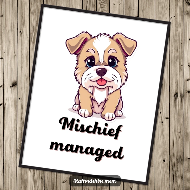 Funny Kawaii Staffordshire dog digital art print, high-resolution, featuring a dog with a mischievous twinkle, perfect for home or office decor.
