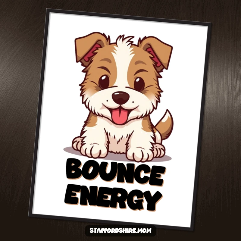 Funny Kawaii Staffordshire dog digital art print of an energetic pup with a constantly bouncing head, ready for instant fun.