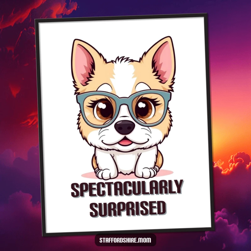 Funny Kawaii Staffordshire dog digital art print of a surprised pup wearing oversized glasses. High-resolution artwork for humorous and funny home decor.