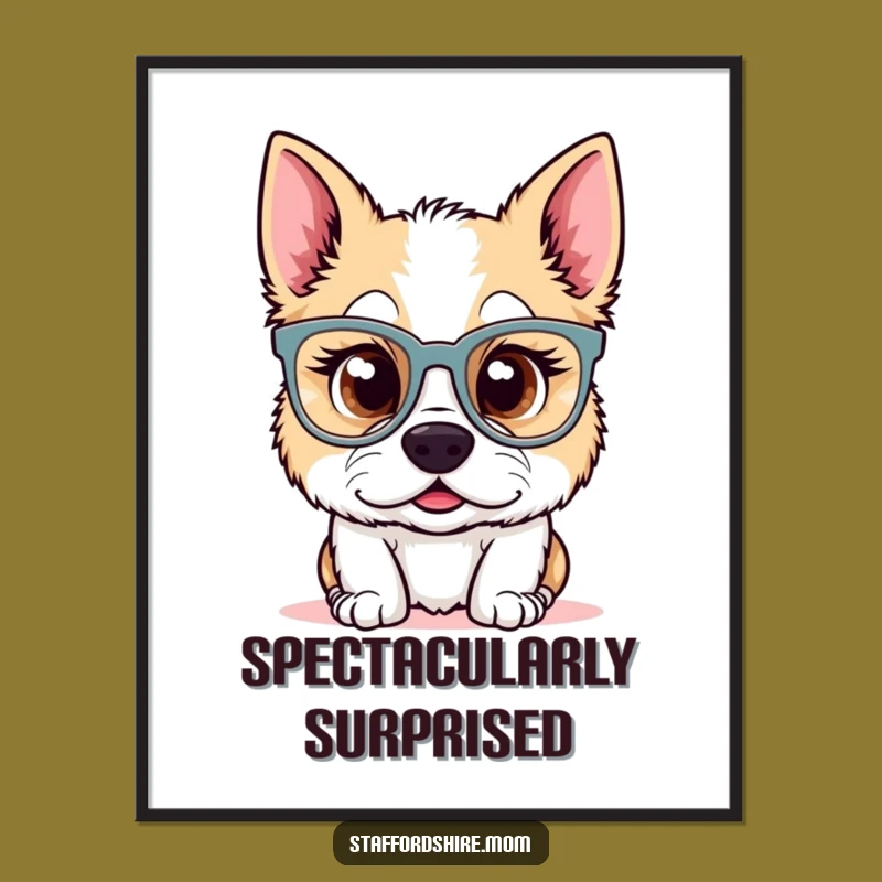 Funny Kawaii Staffy Glasses Digital Art: Surprised Dog for Quirky Decor!