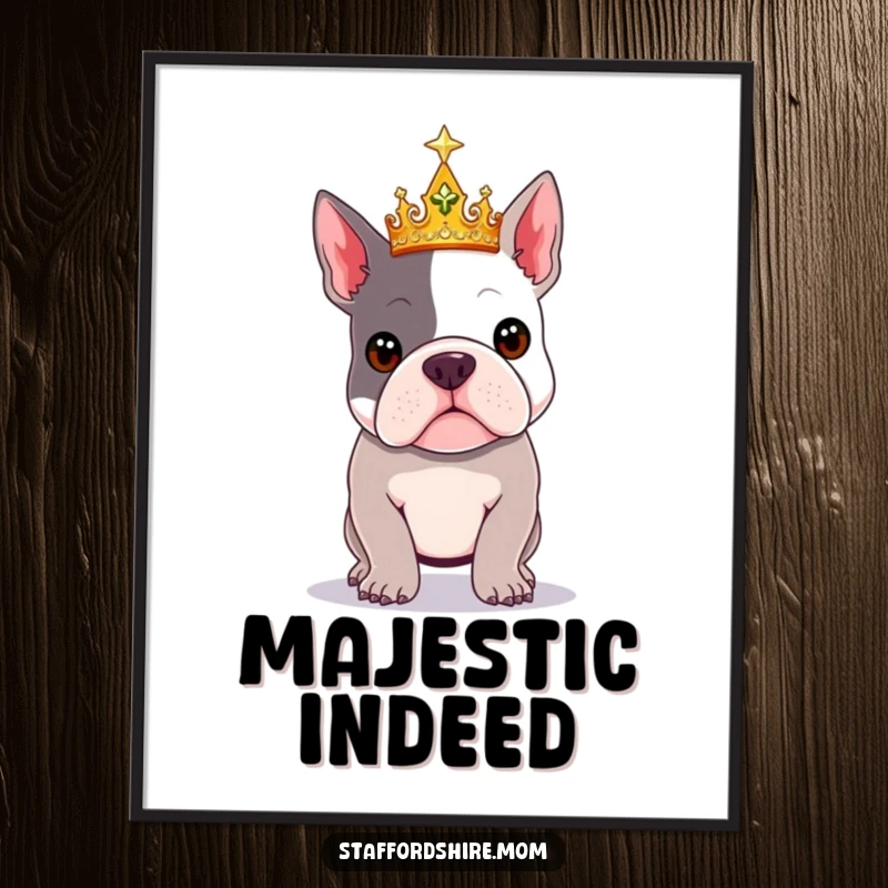 Funny Royal Staffy digital art print showing a Staffordshire Bull Terrier striking a pose in a crown.