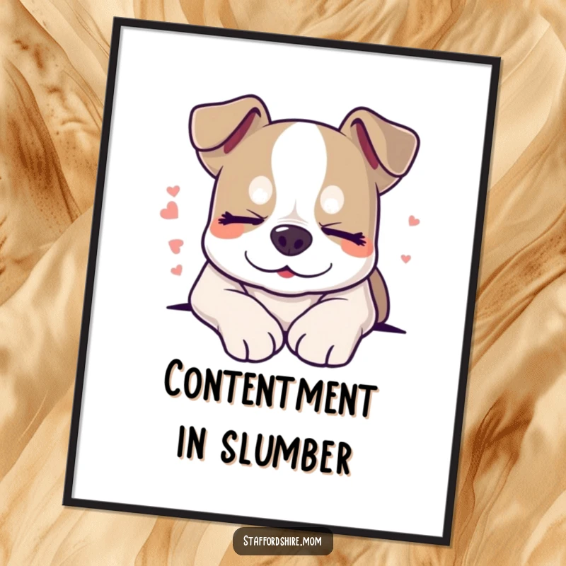 Funny sleepy Staffordshire dog digital art print, smiling with closed eyes, peaceful and downloadable.