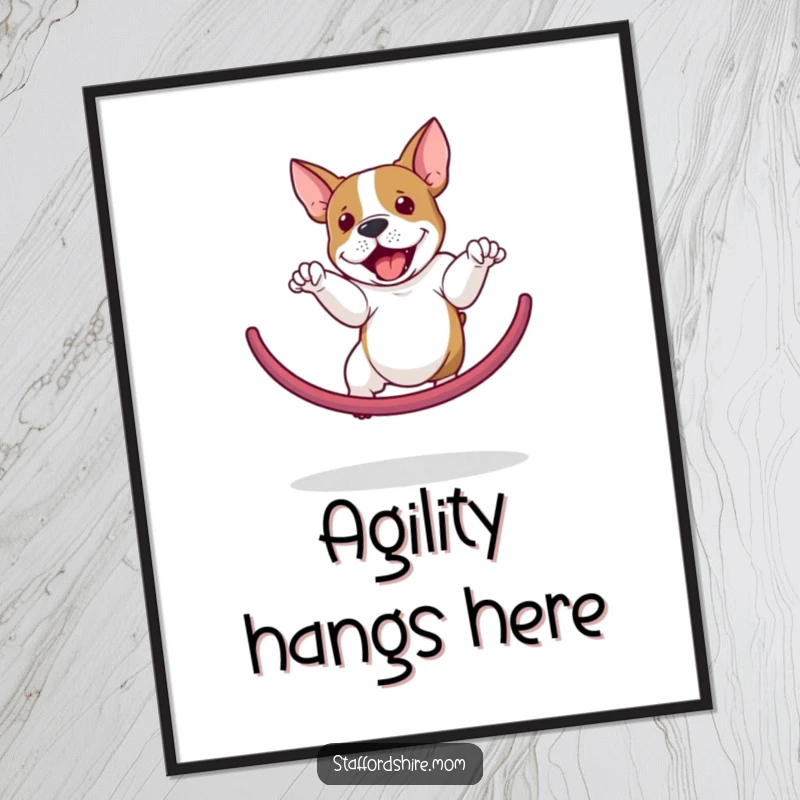 Funny Staffordshire Bull Terrier digital art print of a dog performing an agile hoop jump, conveying joy and athleticism.