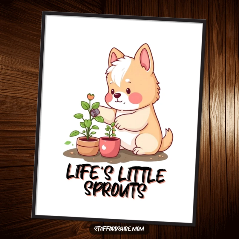 Funny digital art print of a Staffordshire dog with rosy cheeks happily watering a small plant, perfect for a refreshing home accent.