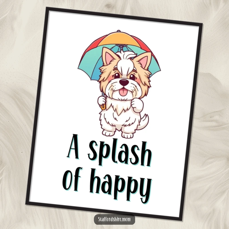 Funny digital art print of a friendly Staffordshire dog waving hello and holding a colorful rainbow umbrella, perfect for a cheerful home accent.