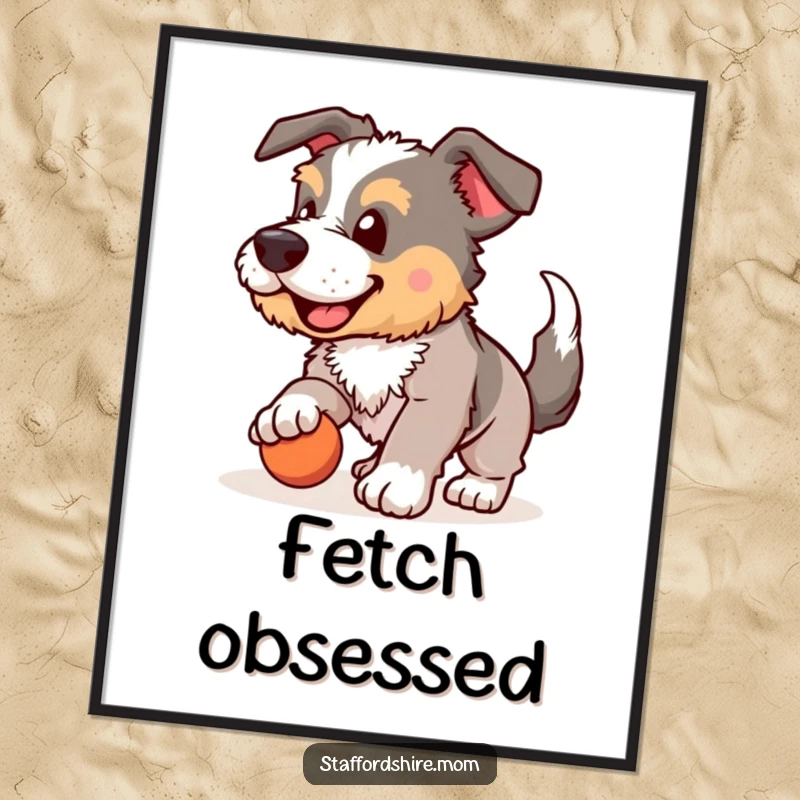 Funny Staffordshire digital art, dog enthusiastically playing fetch, wagging tail, humorous printable decor, instant download, perfect funny gift.