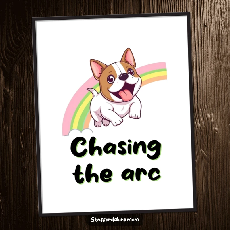 Funny Staffordshire bull terrier digital art print of a dog sliding down a colorful rainbow with an ecstatic look of pure exhilaration.