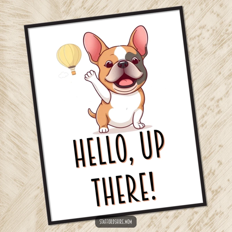 Funny Staffordshire bull terrier digital art print of an excited dog energetically waving at a hot air balloon.