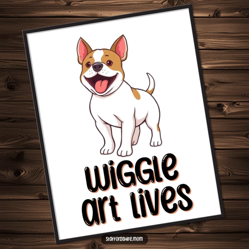 Funny Staffordshire Bull Terrier digital art print of a dog's ecstatic tail wiggle, ready to be printed and enjoyed.