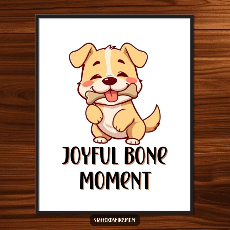 Funny digital art print of a broad-chested dog wiggling with pure happiness, a bone firmly in its mouth.