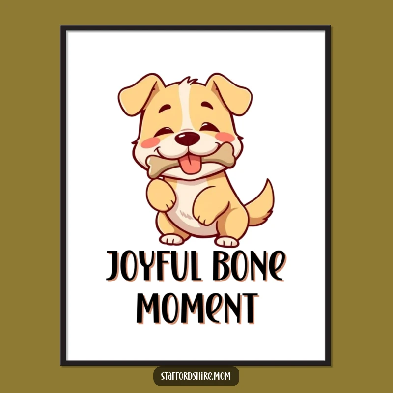 Funny Dog Digital Art: Broad-chested pup wiggles with bone, printable humor for walls, gift.