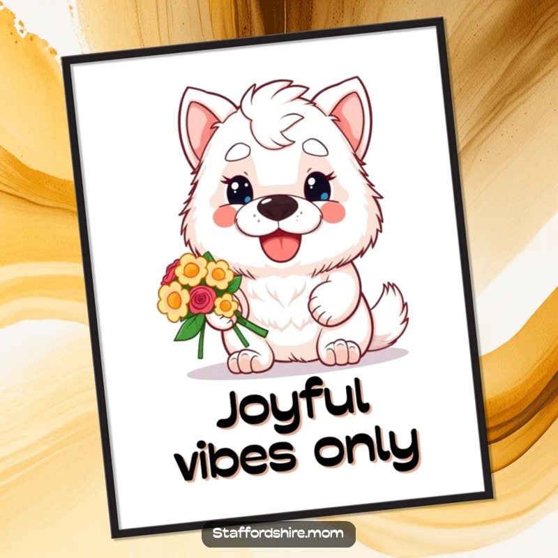 Funny digital art print of a kawaii Staffordshire dog with a big smile, presenting a vibrant bouquet of flowers, perfect for instant wall decor.