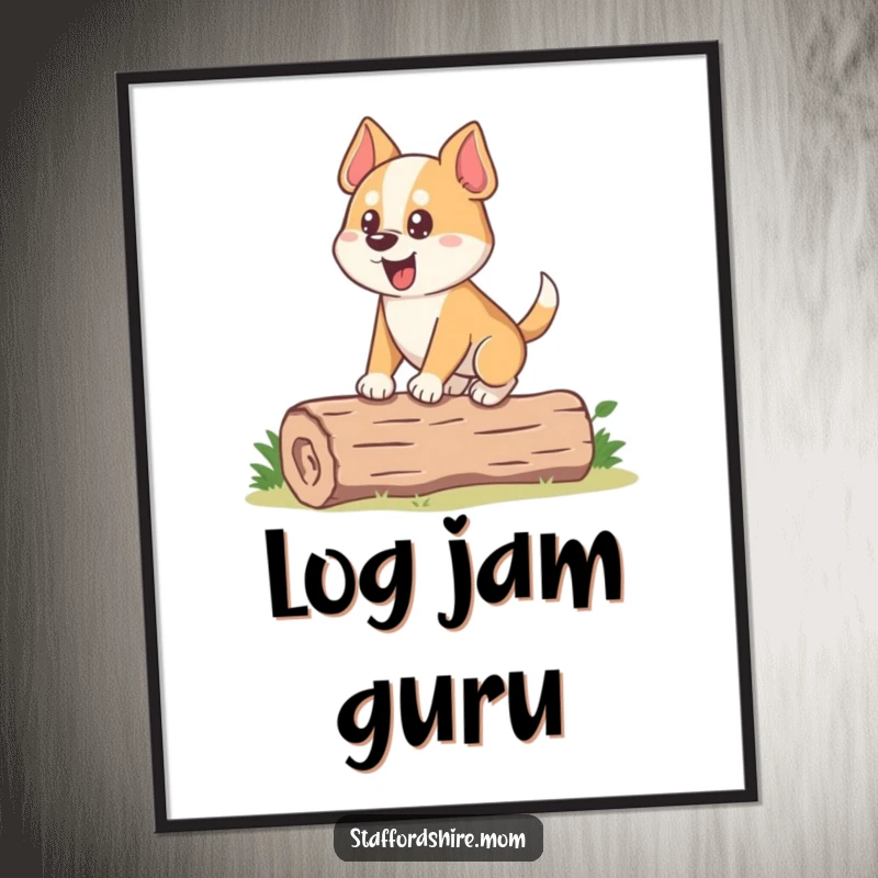 Funny Dog Digital Art Print: A stocky dog with an eager expression attempting to balance on a small log, full of charm.