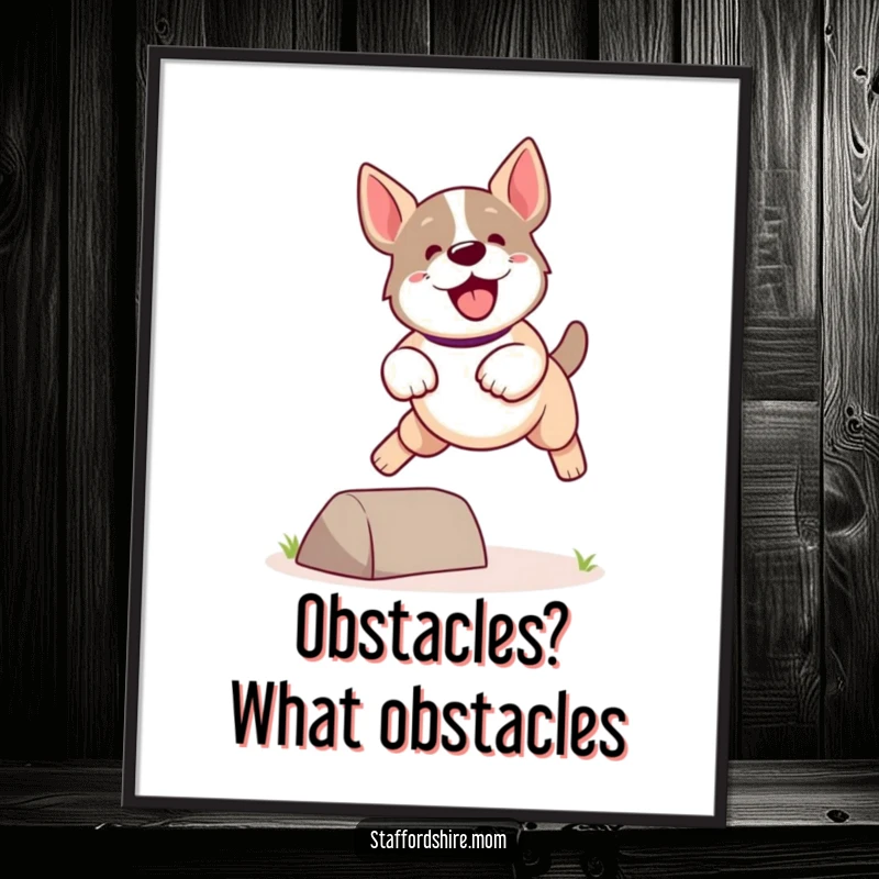 Funny Kawaii Staffordshire Dog Digital Art Print showing a cute, energetic dog leaping playfully over a small obstacle, printable art.