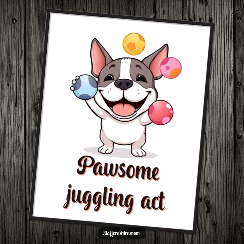 Funny Staffy bull terrier digital art print of a happy dog grinning while juggling colorful balls, perfect for dog-themed decor.