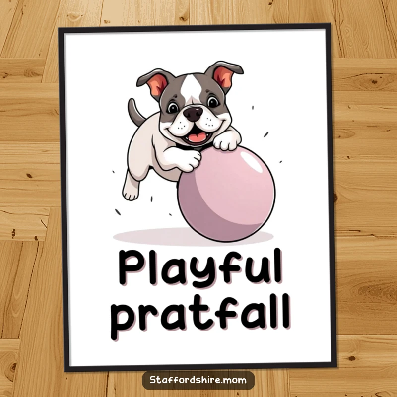 Funny Staffordshire Bull Terrier digital art print of a dog comically tripping over an oversized ball, adding humorous wall decoration.