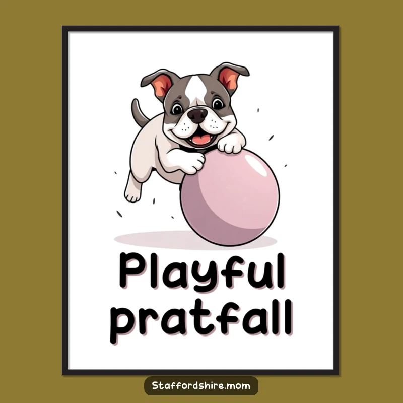 Funny Staffy Ball Trip Art Print - Bull Terrier Playful Mishap Decor Gift