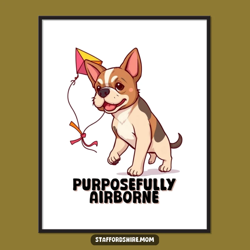 Funny Determined Staffy Digital Art, Kite-Flying Dog Print, Instant Download Gift